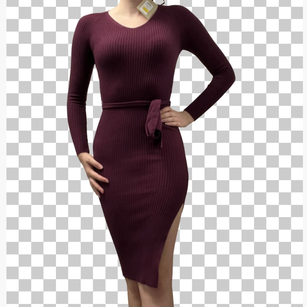 JJXX Stretchy Rib Knit Dress Long Sleeve Bodycon Side Slit Burgundy Small